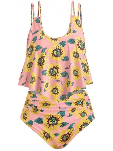 Racing Swimsuit for Women Two Pieces Bathing Suits Top Sunflower Ruffled Racerback with High Waisted Bottom Tankini Set Pink ...