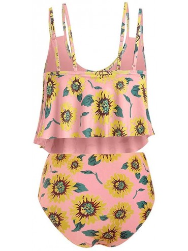 Racing Swimsuit for Women Two Pieces Bathing Suits Top Sunflower Ruffled Racerback with High Waisted Bottom Tankini Set Pink ...