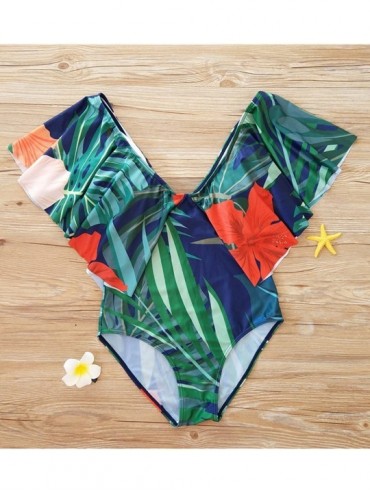 One-Pieces Women's One Piece V Neck Ruffle Swimsuit Beachwear Bathing Suits - Green - C318G35YLEM $23.75