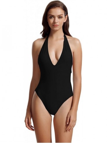 One-Pieces Women's Deep V Neckline One Piece Swimsuit Bathing Suit - Black - CJ1839HNZ26 $22.09