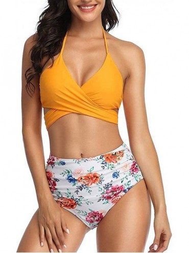 Tops Swimsuits for Women Two Piece Bathing Suits Ruffled Flounce Top with High Waisted Bottom Bikini Set - D-yellow - CW1966W...
