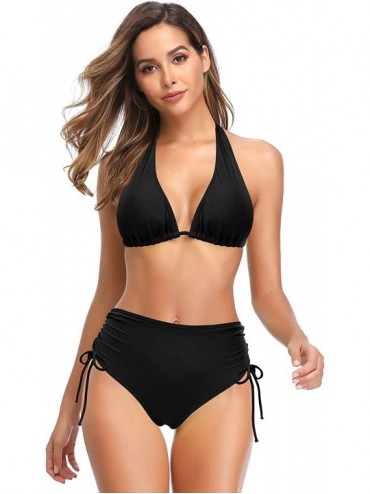 Sets Women's Halter Bikini Two-Way-wear Self Tie Leopard Print Two Piece Swimsuits - Manhattan Black - CT198AXZSH7 $30.48