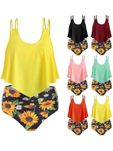 Sets Two Piece Swimsuits for Women Bathing Suits Top Ruffled with High Waisted Bottom Sunflower Print Bikini Set Y 1 Yellow -...