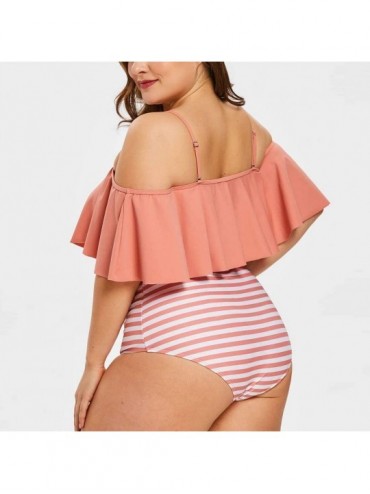 Sets Women Plus Size Feather Stripe Print Siamese Bandage Lotus Leaf Off Shoulder Swimsuit Bikini Tankini Style b pink - C019...