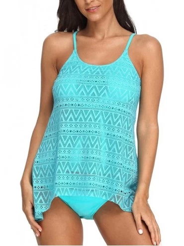 Tankinis Women's Stripe Tankini 2 Piece Bathing Suits Tank Top with Brief Swimsuits - Blue - CF18N03W9CI $27.43