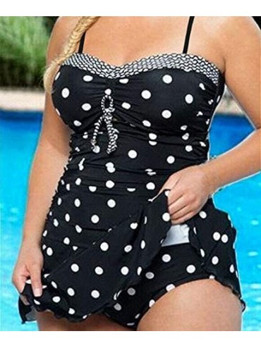 Tankinis Women's Vintage Two Piece Swimdress Polka Dot Plus Size Tankini Ruched Swimsuit Swimwear Bowknot Bathing Suit Black ...