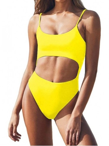 One-Pieces Womens Sexy Scoop Neck Straps Cutout Lace up Back High Waist Thong 1PCS Padded Swimsuit Bikini Sets Lemon Yellow -...