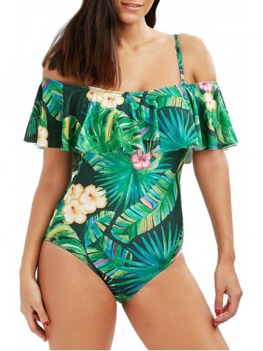 Racing One Pieces Solid Floral Lace Up Pin Up Sexy Women Front Strappy Cross Swimwear - Green Floral 2 - CW18HICND5E $43.45