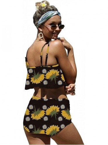 Racing Womens Colorful Sunflowers Botany Print Flounce Bikini Push up High Waisted Swimsuits - Black-2 - CT196MCUUEK $25.79