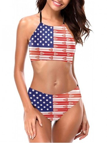 Sets Women's Girls Bikini Set Padded Beachwear Swimsuit with Tie Side Bottom - Usa Lacrosse Sticks Flag - C6196SRWALU $67.08