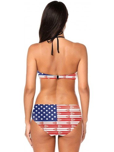 Sets Women's Girls Bikini Set Padded Beachwear Swimsuit with Tie Side Bottom - Usa Lacrosse Sticks Flag - C6196SRWALU $32.20