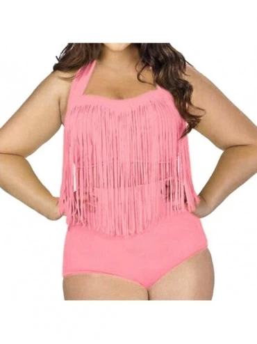 Racing Women Plus Size Two Piece Tassels Bikini Monokini Swimwear Beach Bathing Suit - Pink - CF18SLX75QD $42.26