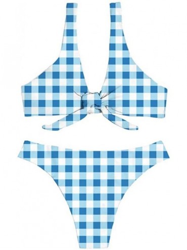 Sets Women Sexy Knotted Padded Thong Bikini Swimsuit Gingham Lattice Beach Swimwear - Blue - CV18R30WM2W $40.58