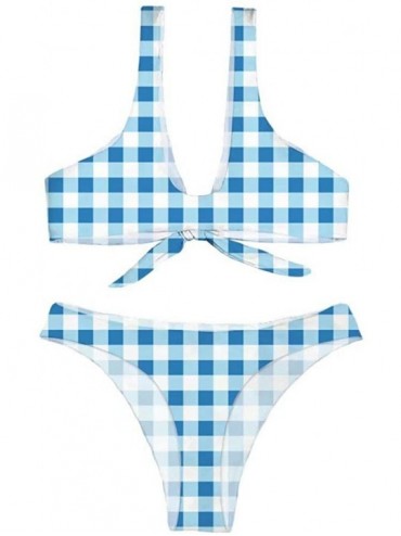 Sets Women Sexy Knotted Padded Thong Bikini Swimsuit Gingham Lattice Beach Swimwear - Blue - CV18R30WM2W $17.92