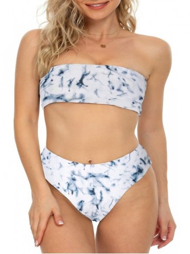 One-Pieces Womens Bandeau Two Piece Bikini Swimsuits Strapless Top with High Cut Bottom Bathing Suit - 1marble - CV18W33CDHQ ...