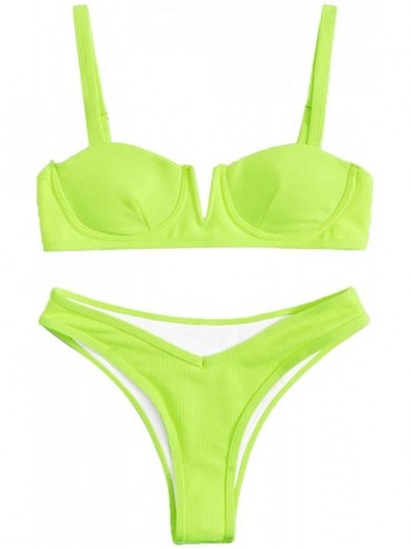 Sets Women's Solid Rib Underwire Top with High Cut Bikini 2 Piece Set Swimwear - Yellow - CT19603D4NO $33.25