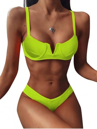 Sets Women's Solid Rib Underwire Top with High Cut Bikini 2 Piece Set Swimwear - Yellow - CT19603D4NO $21.59
