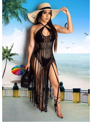 Cover-Ups Women's Sexy Bathing Suit Handmade Crochet Tassel Bikini Cover Up Swimsuit Summer Beach Dress - Black - CL18TM407NO...