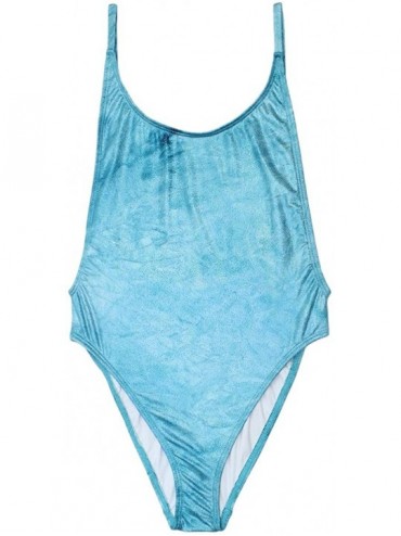 One-Pieces Women's High Cut Vintage Swimsuit - Thin Strap - Teal Galaxy - CX18CY8WSH4 $49.10
