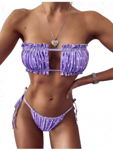 Sets Womens High Waisted Swimsuit Ruffle Bandeau Bikini Set Cheeky Thong Bathing Suit Tie Knot Swim Purple Wave Point - CD199...