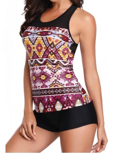 Racing Tankini Swimsuits for Women with Shorts Athletic Two Piece Bathing Suits Racerback Tank Tops Swimwear Red Mandala - CJ...