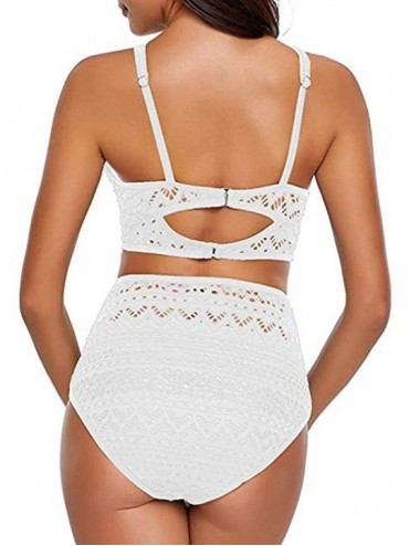 Tankinis Women's Split Swimsuit Ladies V Neck High Waist Crochet Lace Push Up Bathing Swimwear Suits Two Pieces - White - C31...