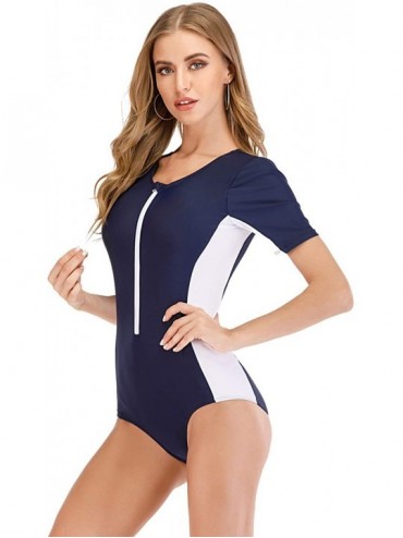 Rash Guards Women Printed One-Piece Swimsuit Short Sleeve Rashguard Swimwear Zipper Front Bathing Suit - Navy/White - CU190GX...