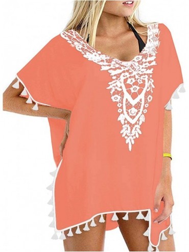 Cover-Ups Women's Crochet Chiffon Tassel Swimsuit Beach Bikini Cover Ups for Swimwear - A10-coral Orange - CT18NH0ZE0H $44.40