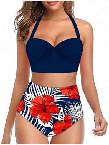 Sets Women's Bathing Suit Sunflower High Waisted Bottom Swimwear Two Piece Halter Bikini Plus Size Swimsuit - Blue - CI1992HM...