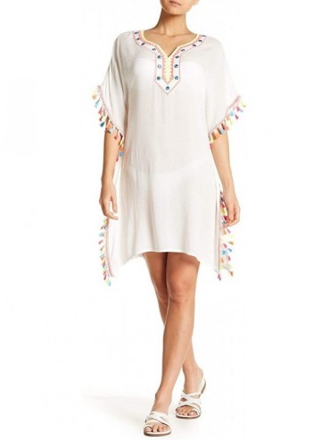 Cover-Ups White Kaftan Style Tunic with Multi Colored Tassels | by GOGA Swimwear - C118KN2QZMX $88.77