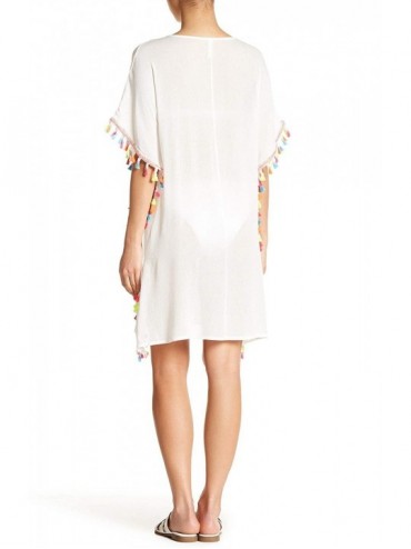 Cover-Ups White Kaftan Style Tunic with Multi Colored Tassels | by GOGA Swimwear - C118KN2QZMX $39.20