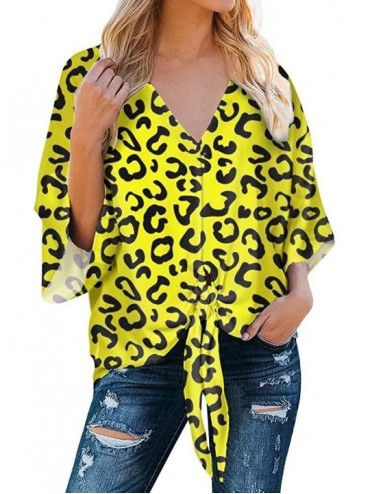 Cover-Ups Womens Deep V Neck Front Tie Knot Top Blouses Batwing Sleeve Loose Shirts - Yellow Leopard - CW19282DY39 $39.91