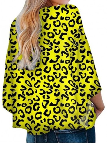 Cover-Ups Womens Deep V Neck Front Tie Knot Top Blouses Batwing Sleeve Loose Shirts - Yellow Leopard - CW19282DY39 $16.28
