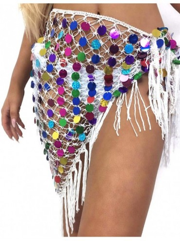 Cover-Ups Women Crochet Beach Cover Up Sarong Sequin Belly Dancer Hip Tassel Wrap Fishnet Bikini Cover Up Beach Mini Skirt Be...