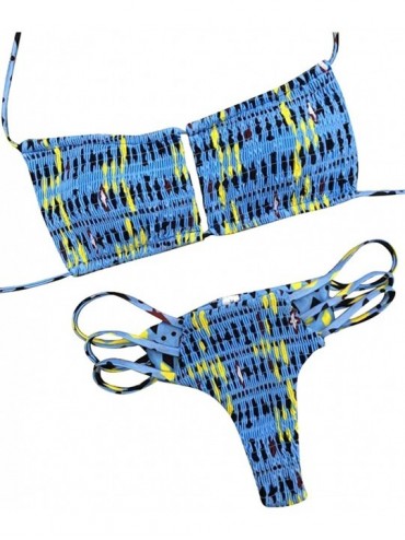 Sets Smocked Bandeau Halter Sexy Keyhole Bikini Brazilian Thong Swimsuit for Women - Blue Yellow - C418CEKNXD8 $48.77