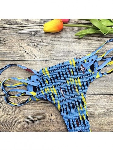 Sets Smocked Bandeau Halter Sexy Keyhole Bikini Brazilian Thong Swimsuit for Women - Blue Yellow - C418CEKNXD8 $31.04