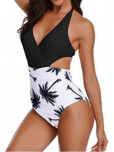 One-Pieces Women's One Piece Swimsuit Deep V-Neck Halter High Waist Monokini Beachwear - Coconut Tree - C318SC4NZ2D $23.53