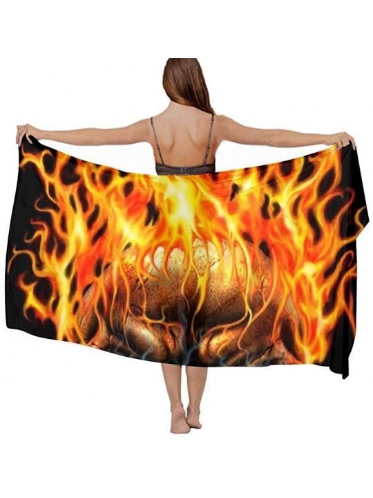 Cover-Ups Women Chiffon Scarf Summer Beach Wrap Skirt Swimwear Bikini Cover-up - Flaming Fire Skull Black - CZ190HIKSZZ $25.54