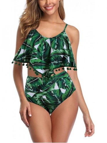 Sets High Waisted Swimsuit Flounce Swimwear Ruffle Tassel Vintage Two Piece Bikini - Green Tropical Leaves - CG19D6I3ZSW $42.72