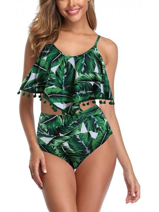 Sets High Waisted Swimsuit Flounce Swimwear Ruffle Tassel Vintage Two Piece Bikini - Green Tropical Leaves - CG19D6I3ZSW $25.63