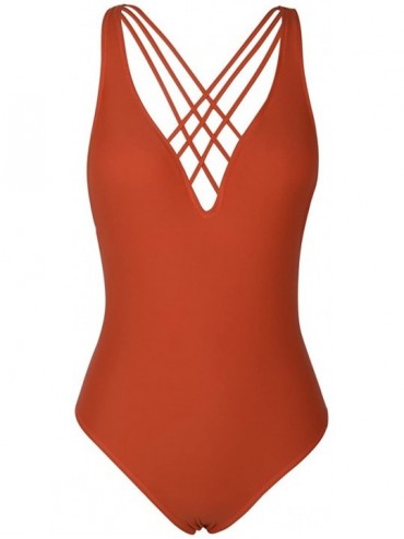 One-Pieces Women's One Piece Swimsuit Deep V Monokini Cross Back Swimwear Strappy Bathing Suit - Orange - C618CYYZ86C $44.28