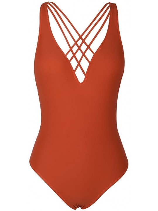 One-Pieces Women's One Piece Swimsuit Deep V Monokini Cross Back Swimwear Strappy Bathing Suit - Orange - C618CYYZ86C $17.25