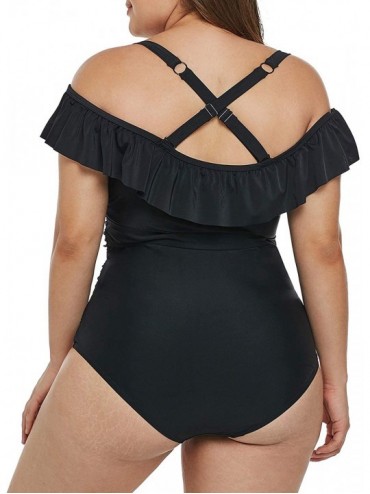 One-Pieces Women Ruffle Off Shoulder Ruched One Piece Swimsuit Monokini Swimwear - Black - CP18N6ETA2X $31.15