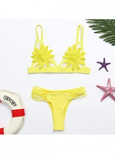 Sets Women's Two Piece Bathing Suits Triangle Bikini Set Sexy Cutout Adjustable Strappy Swimsuits Flower Swimwear Yellow - CL...