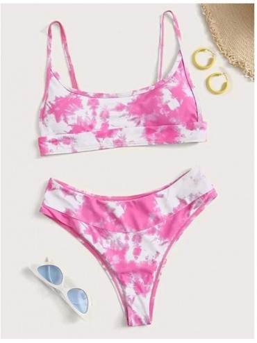 Sets Women Two Piece Swimsuit Tie Dye Print High Waisted Bathing Suit Bikini Swimwear Summer Swimsuits for Women 2 pink - CA1...