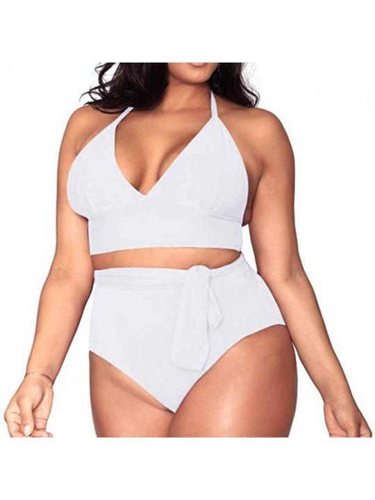 Sets Women's Plus Size High Waisted Tummy Control Swimwear Swimsuit Full Coverage Fashion Solid Two Piece Bikini Sets White -...