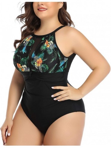 One-Pieces Women Plus Size One Piece Bathing Suits Ruched Tummy Control Swimsuit High Neck Mesh Swimwear - Green Leaf - CB18A...