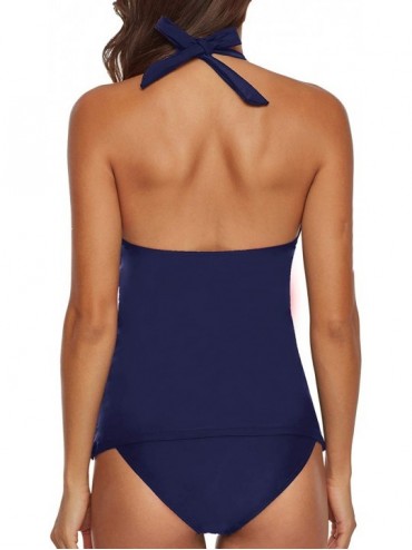 One-Pieces Two Piece Swimsuit Sexy V-Neck Ruffle Halter Backless Flyaway Tankini Suit - Navy Blue - C718QCRQIU4 $29.84