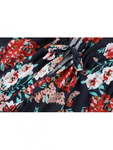 Cover-Ups Womens Floral Print Cardigan Chiffon Kimono Short Sleeve Open Front Swimsuit - Black - CG193Y50EWG $16.09