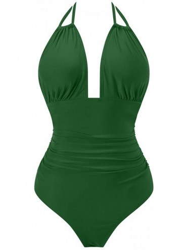 Sets Womens One Piece Swimsuits Tummy Control Swimwear Backless Deep V Neck Halter Monokini Bathing Suits 04dark Green - CB18...